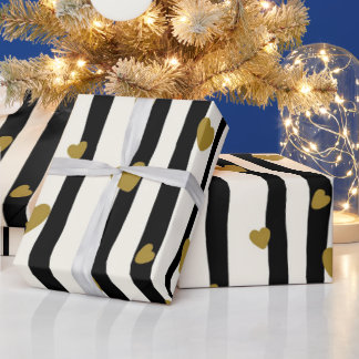Black Stripes Golden Heart Wrapping Paper