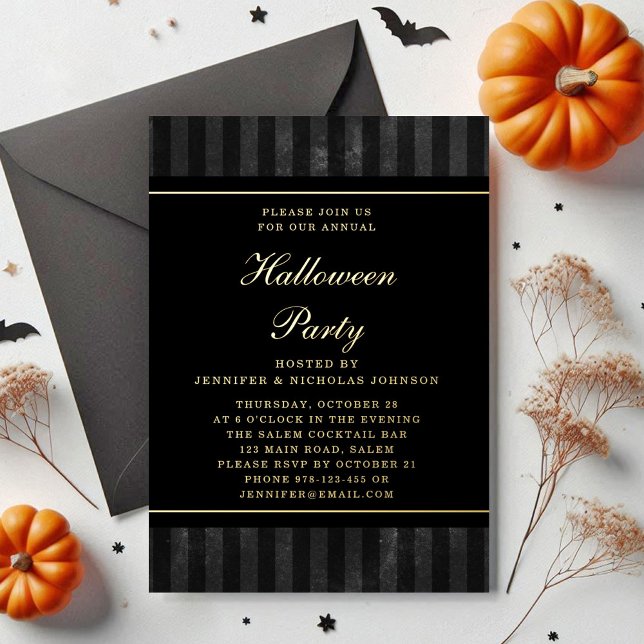 Black Stripes Halloween Party Gold (Black Stripes Halloween Party Gold Foil Invitation)