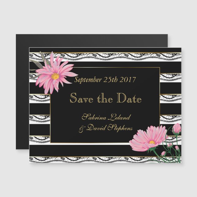 Black Stripes Lace and Pink Daisies Save the Date Magnetic Invitation (Front/Back)