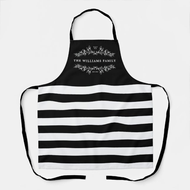 Black Stripes Monogram Hand-Drawn Half Wreath Apron (Front)