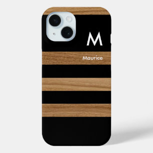 Black Stripes on Wood with Name & Initial iPhone 15 Case