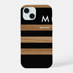 Black Stripes on Wood with Name & Initial iPhone 15 Case