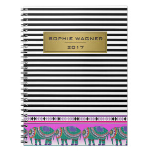 Black Stripes Ornate Elephant Modern Notebook