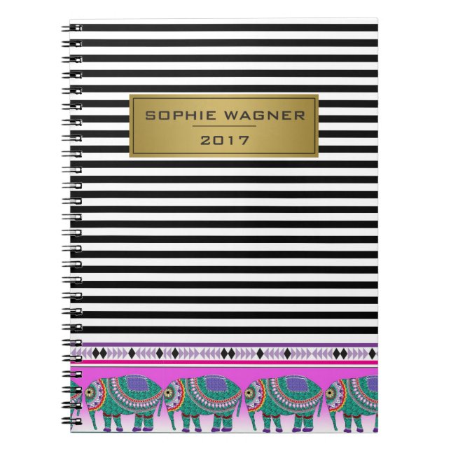 Black Stripes Ornate Elephant Modern Notebook (Front)