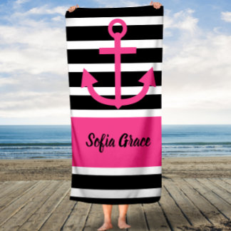 Black Stripes Pink Anchor Script Name Bath Towel