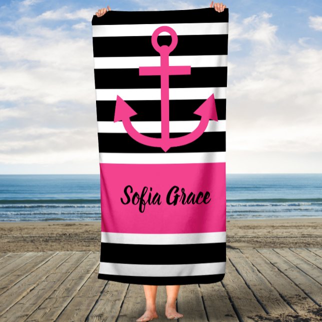 Black Stripes Pink Anchor Script Name Bath Towel (Creator Uploaded)