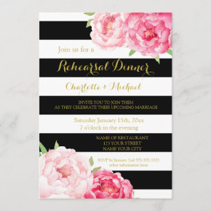 Black Stripes Pink Floral Rehearsal Dinner Party Invitation
