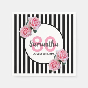Black stripes pink flowers name 80th birthday napkin