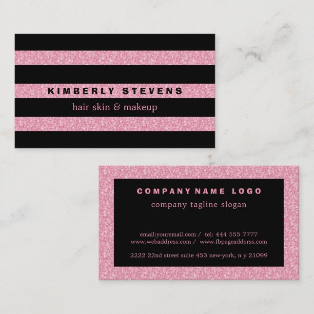 Black Stripes & Pink Glitter Business Card (Front/Back)