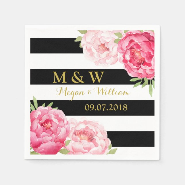 Black Stripes Pink Watercolor Wedding Monogram Napkin (Front)