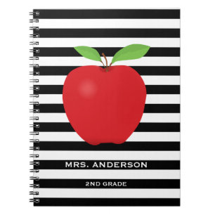 Black Stripes, Red Apple Personalized Teacher Notebook