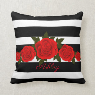 Black Stripes Red Roses Throw Pillow