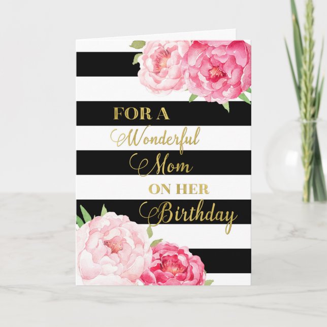 Black Stripes rose Fleurs Maman Carte d'anniversai (Devant)