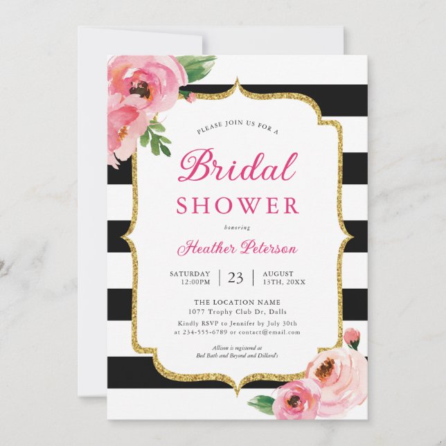 Black Stripes rose Floral Invitation à la douche n (Devant)