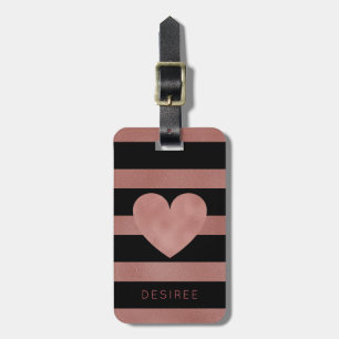 Black Stripes Rose Gold Foil Heart Monogrammed Luggage Tag