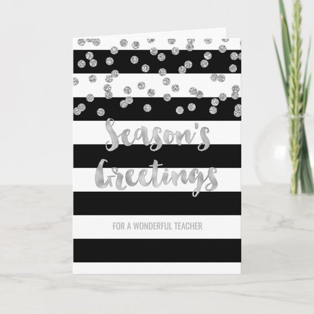 Black Stripes Silver Confetti Christmas Teacher Holiday Card (Front)