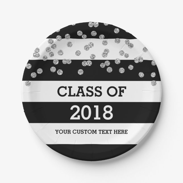 Black Stripes Silver Dots Class of 2018 Graduation Paper Plate (Front)