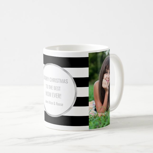 Black Stripes Silver Photo Best Mom Christmas Coffee Mug (Front Right)