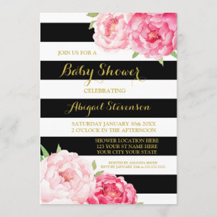 Black Stripes Watercolor Flowers Baby Shower Invitation