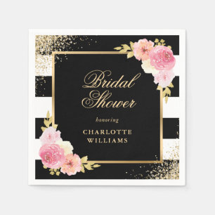 Black Stripes Watercolor Pink Floral Bridal Shower Napkin