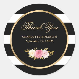 Black Stripes Watercolor Pink Floral Thank You Classic Round Sticker