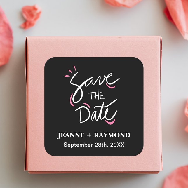 Black Stylish Calligraphy Wedding Save the Date Square Sticker (Creator Uploaded)