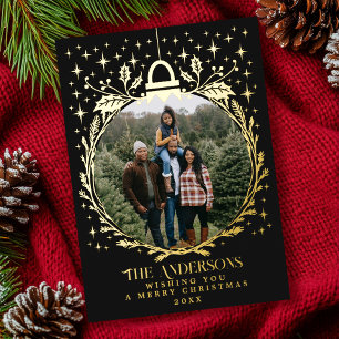 Black Stylish Christmas Foliage Ornament Photo  Foil Holiday Card