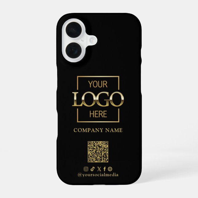 Black Stylish Minimalist Business Logo & QR Code iPhone 16 Case (Back)