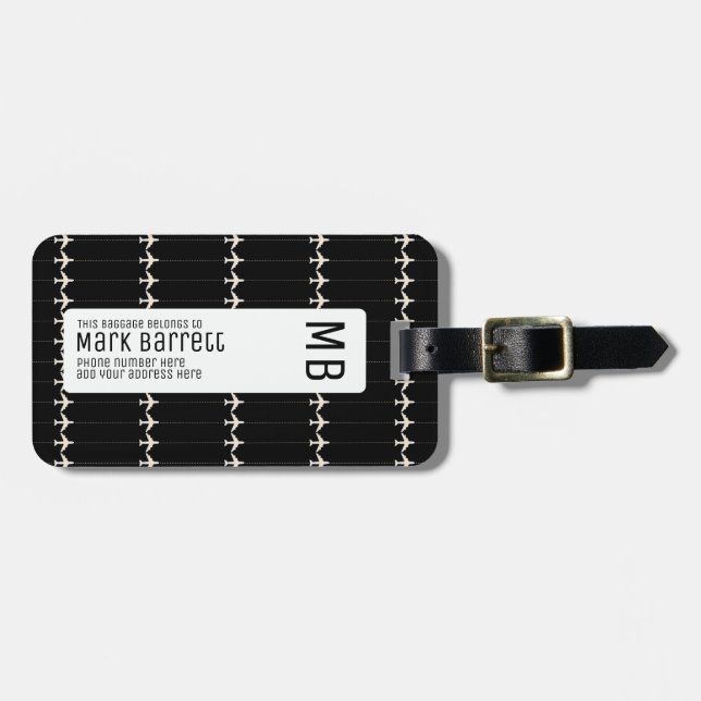 black, stylish & monogrammed (name & initials) luggage tag (Front Horizontal)