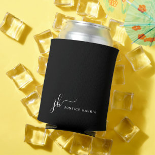 Black Stylish Script Monogram Modern Personalized Can Cooler