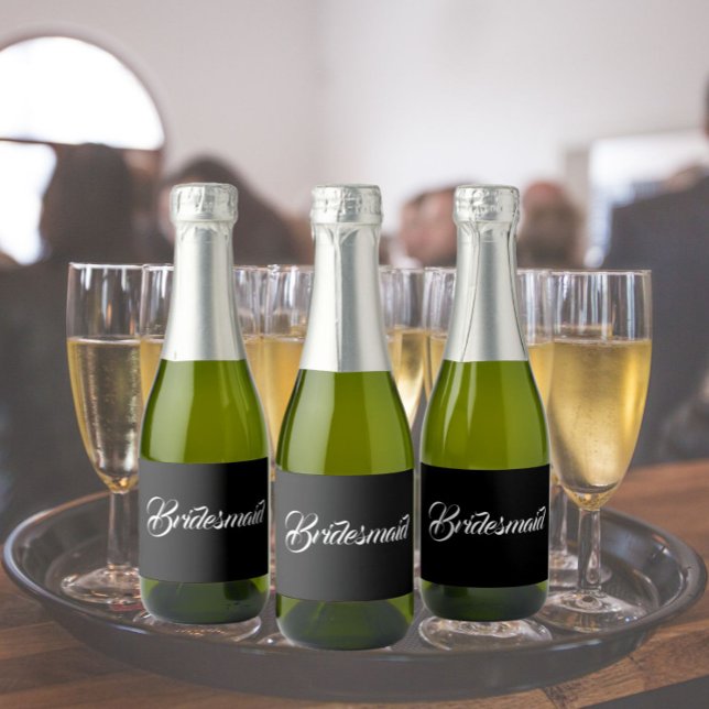 Black Stylized Script Wedding Bridesmaid Sparkling Wine Label (In Situ Wedding)