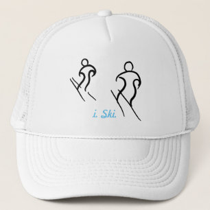 Black Stylized Skiers Skiing and i. Ski. text Trucker Hat