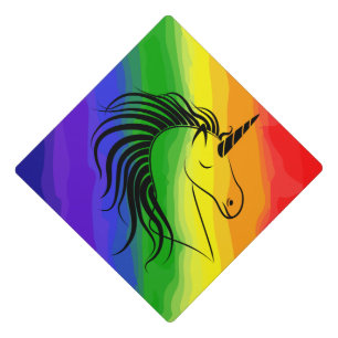 Black Stylized Unicorn on Rainbow Graduation Cap Topper