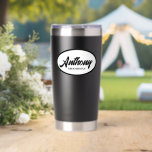 Black Stylized Wedding Groomsman Insulated Tumbler<br><div class="desc">Gift your wedding groomsman this trendy and personalized,  stainless steel,  thermal tumbler,  personalized with his own name in black,  stylized script inside a white,  oval design on a black background. Personalize your tumbler by editing and replacing name with your groomsman's name. Select your tumbler colour style.</div>
