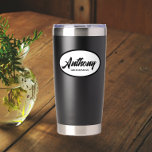 Black Stylized Wedding Groomsman Name Insulated Tumbler<br><div class="desc">Gift your groomsman this trendy and personalized,  stainless steel,  thermal tumbler,  personalized with his own name in black,  stylized script inside a white,  oval design on a black background. Personalize your tumbler by editing and replacing name with your groomsman's name. Select your tumbler colour style.</div>