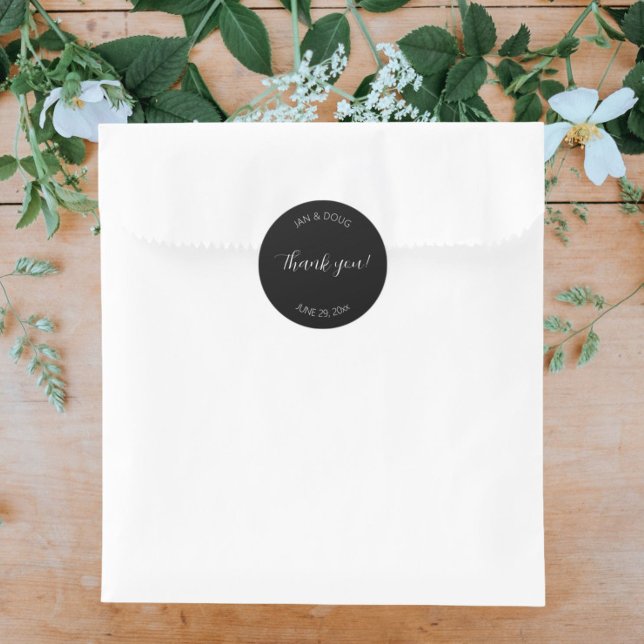 Black Stylized Wedding Thank You Classic Round Sticker (In Situ Wedding)