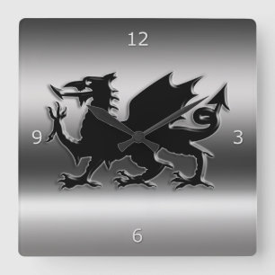 Black stylized Welsh Dragon on metallic-look Square Wall Clock