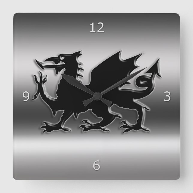 Black stylized Welsh Dragon on metallic-look Square Wall Clock (Front)