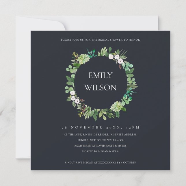 BLACK SUCCULENT WREATH FAUNA BRIDAL SHOWER INVITE (Front)