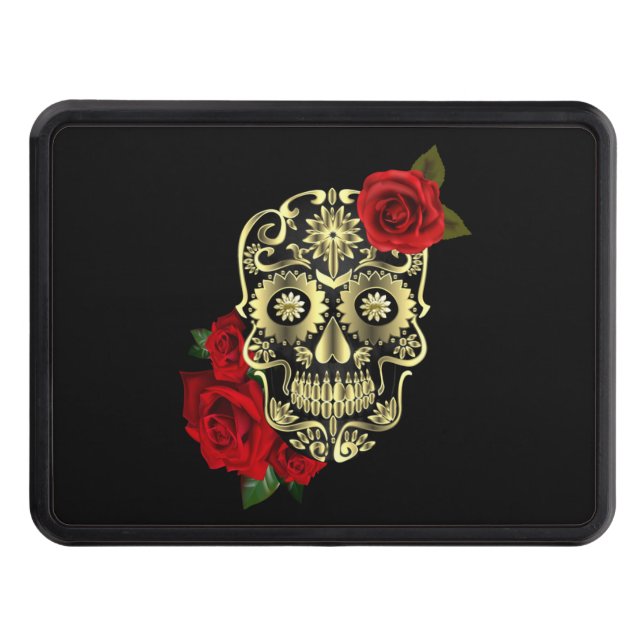 Black Sugar Skull Day Of The Dead Red Roses Trailer Hitch Cover (Front)