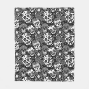 Black sugar skull floral ornamental pattern fleece blanket