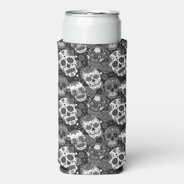 Black sugar skull floral ornamental pattern seltzer can cooler (Seltzer Front)