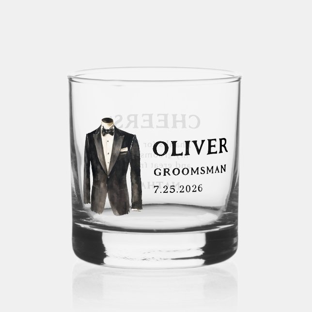 Black Suit Groomsman Proposal Whiskey Glass (Front)