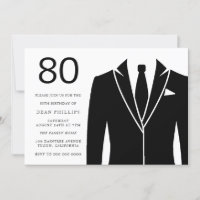 Black Suit & Tie 80th Birthday Party Invitation
