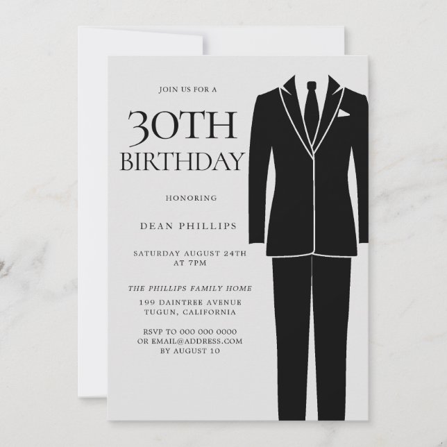 Black Suit & Tie Mens 30th Birthday Party Invitation (Front)