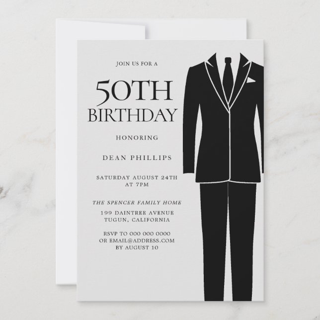 Black Suit & Tie Mens 50th Birthday Party Invitation (Front)
