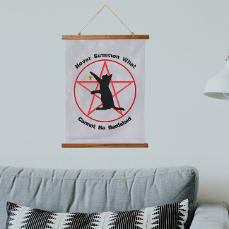 Black Summon Cat Star Red Pentagram on Grey Hanging Tapestry