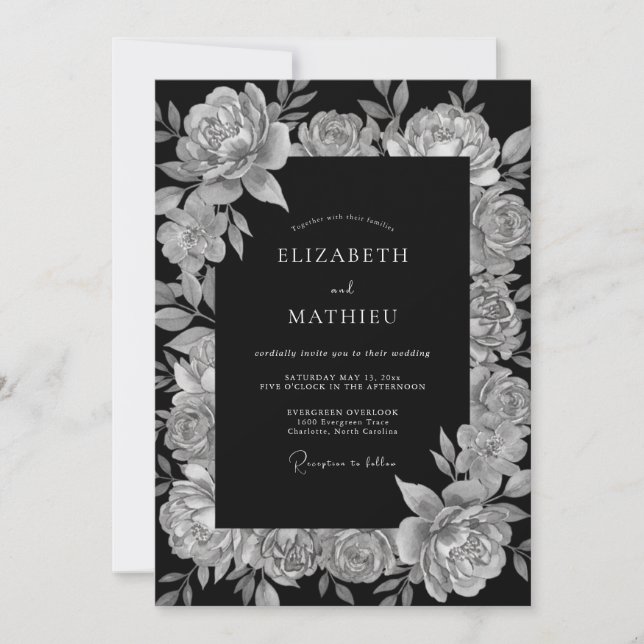 Black Sumptuous Floral Wedding Invitation (Front)