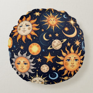 Black Sun and Moon Round Pillow