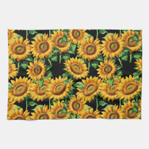 Black Sunflower Floral Cottagecore Pattern Kitchen Towel